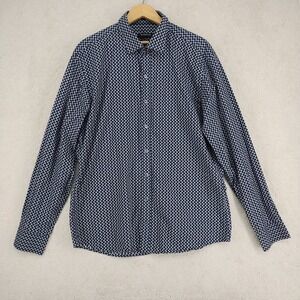 Bugatchi Dress Shirt Mens L Shaped Fit Long Sleeve Cotton Geometric Print Navy